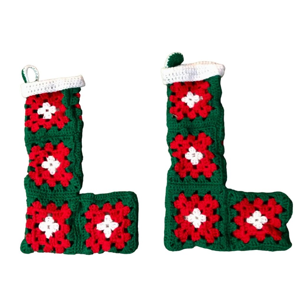 Handmade Crochet Granny Square Christmas Stockings Set of 2 Matching Used